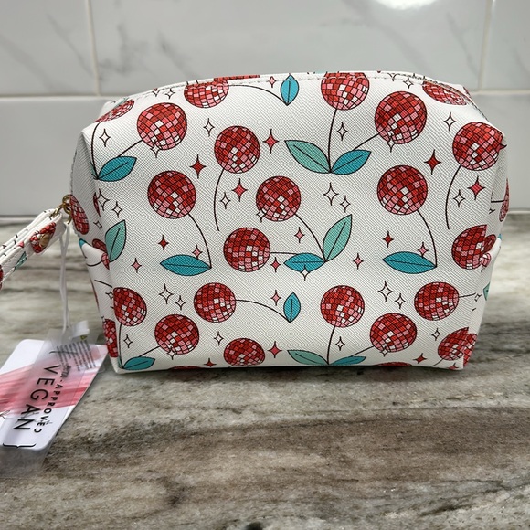 Cherry Disco Ball COSMETICS BAG Zipper Pouch Wristlet NEW Vegan Leather Peta - Picture 4 of 8